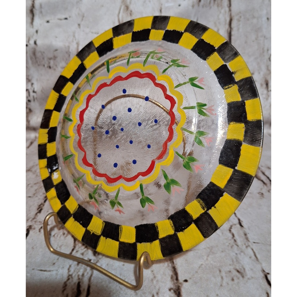 Vintage 1960's MacKensie-Childs Reverse Hand Painted Fused Glass Tulip Plate - Picture 6 of 12